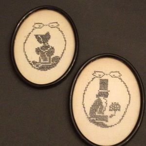 Vintage hand cross stitched pair silhouettes framed